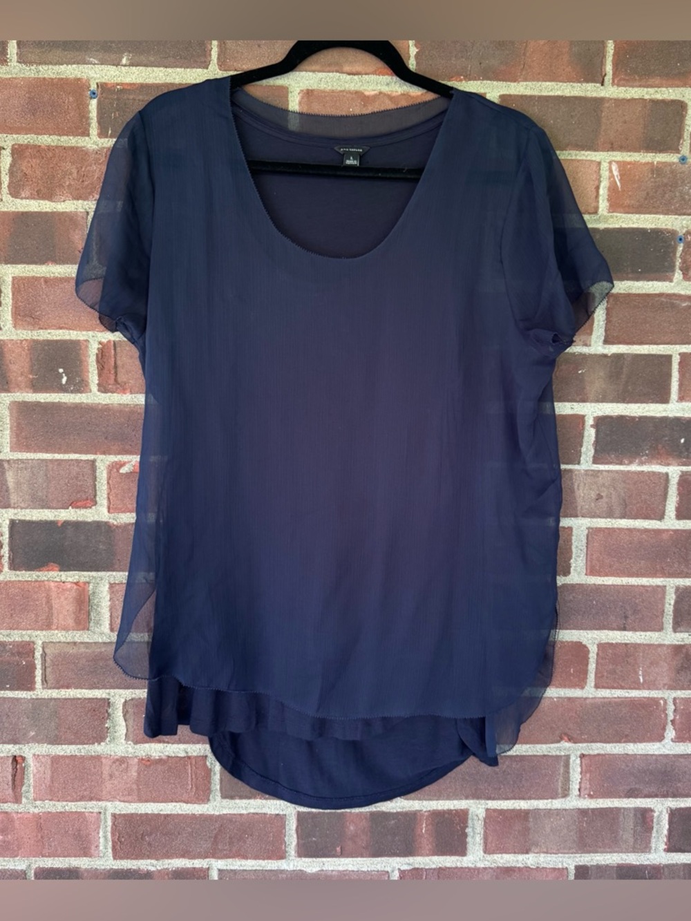 Ann Taylor Navy Sheer Blouse Size Large Short Sleeve Layered Top Women’s Regular